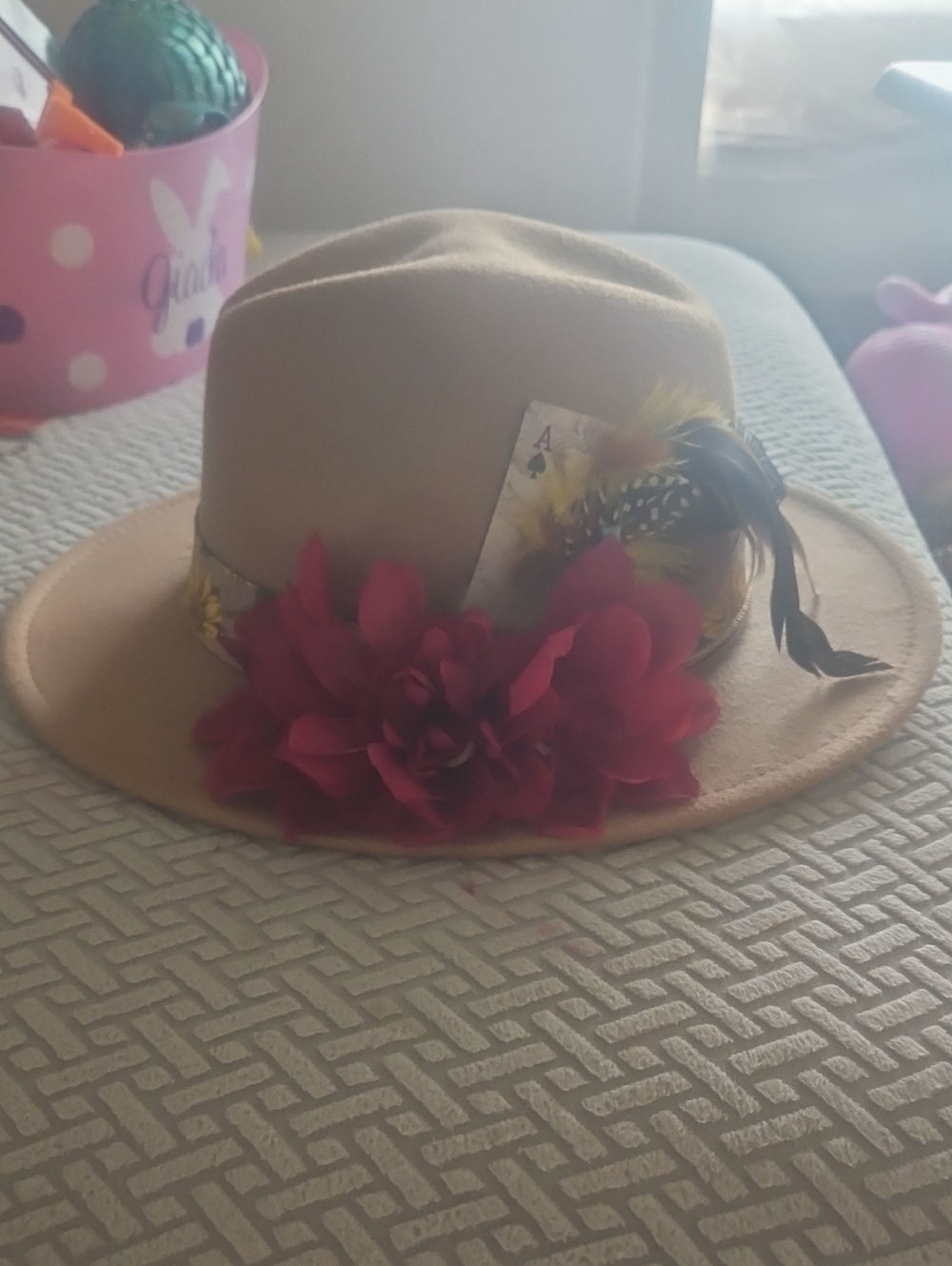 Womens Tan Felt Fedora with Red Flower and Feather Accent